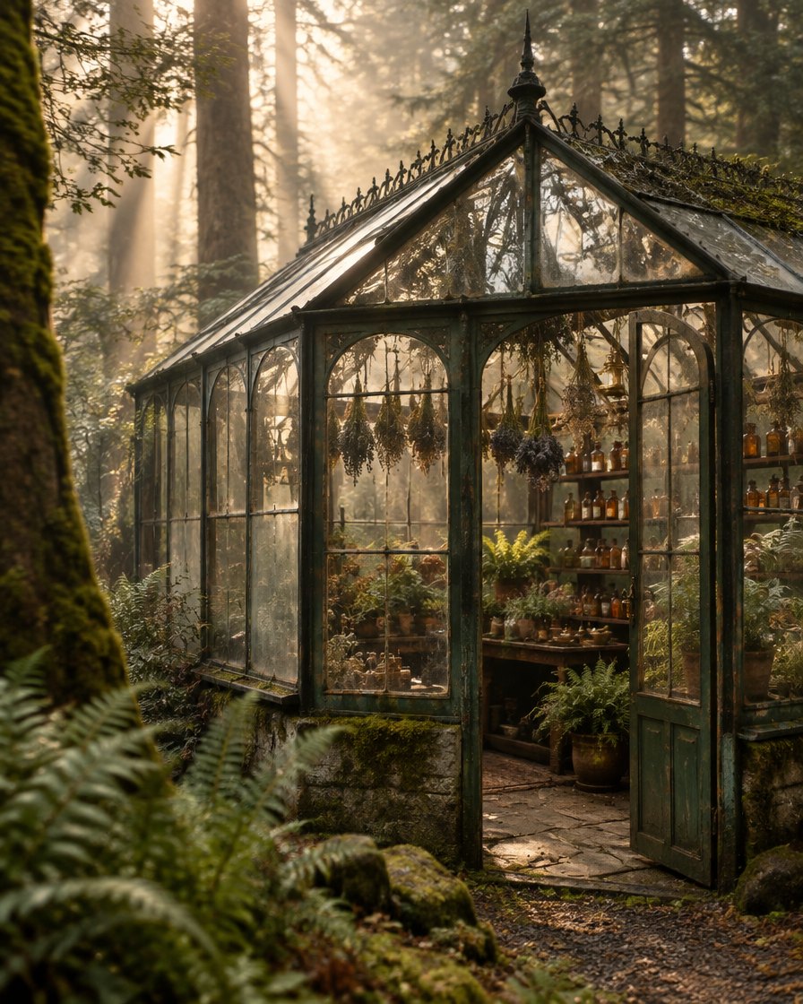 An old apothecary greenhouse in a misty forest, its shelves lined with amber bottles and drying herbs